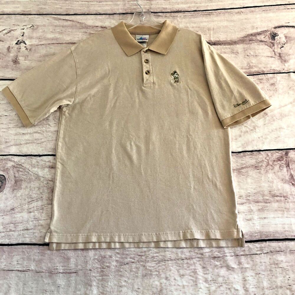 Disney Mickey Mouse Polo Shirt L Mens Tan Brown Vtg Disneyland Resort Golf Dad